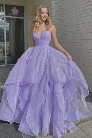 Shiny V Neck Fluffy Purple Long Evening Dress, Long Purple Formal Dress