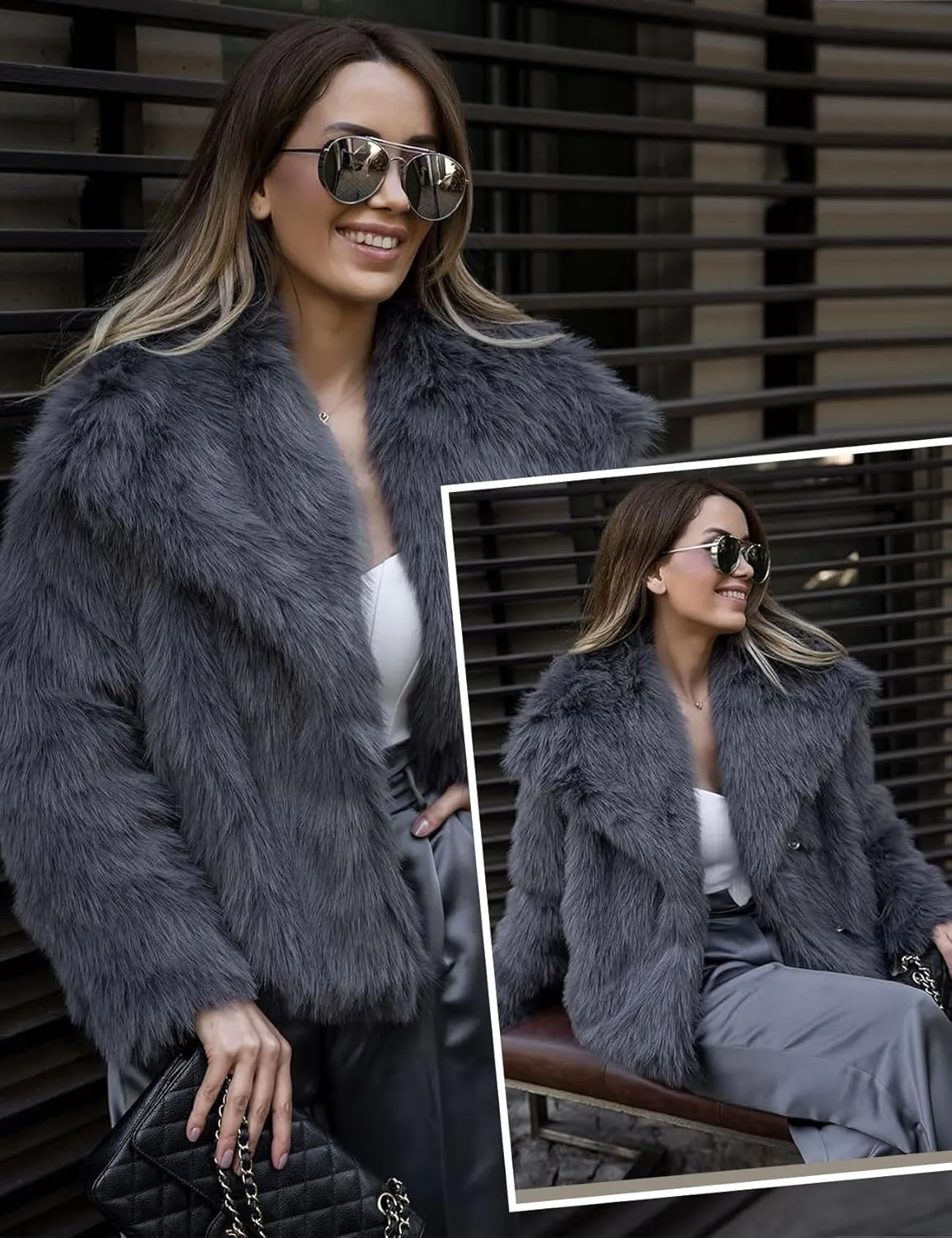 Shiyifa Faux Fur Coat for Women Fluffy Faux Fur Jacket Long Sleeve Open Front Cropped Fuzzy Outerwear