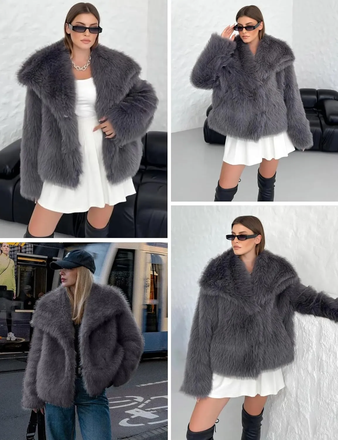 Shiyifa Faux Fur Coat for Women Fluffy Faux Fur Jacket Long Sleeve Open Front Cropped Fuzzy Outerwear