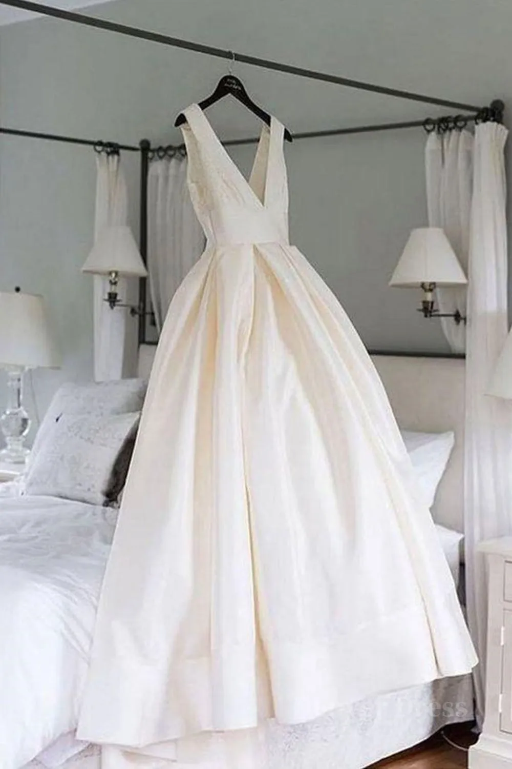 Simple V Neck Ivory Satin Long Prom Dress Open Back Ivory Formal Evening Dress Ivory Wedding Dress