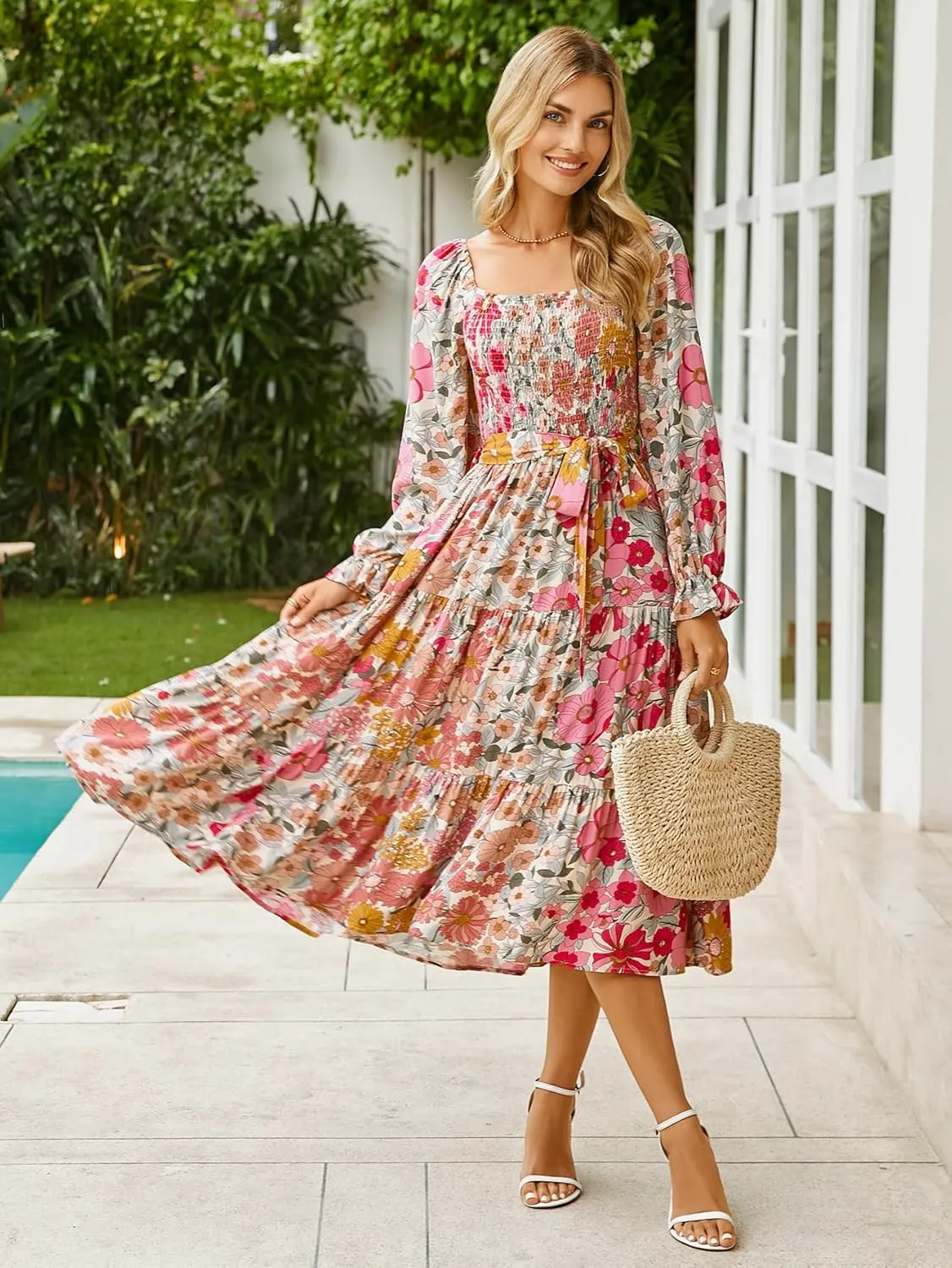 Simplee Womens Long Sleeve Maxi Floral Dress Casual Square Neck Long Flowy Boho Dresses