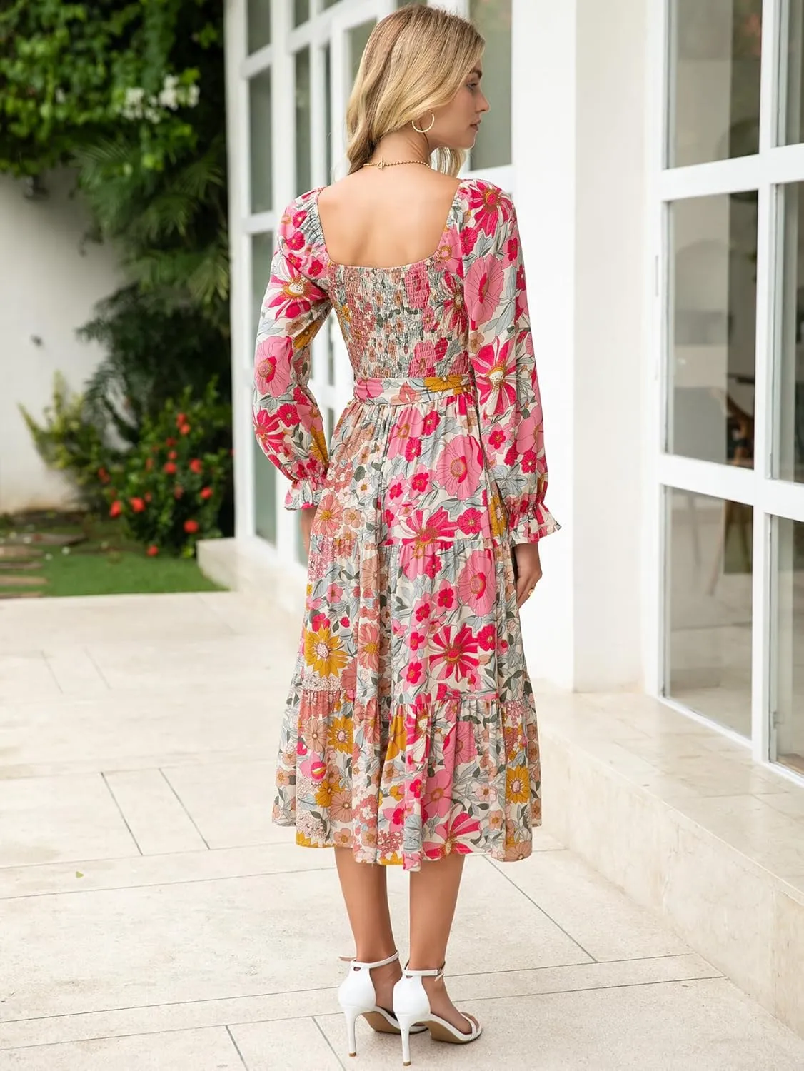 Simplee Womens Long Sleeve Maxi Floral Dress Casual Square Neck Long Flowy Boho Dresses
