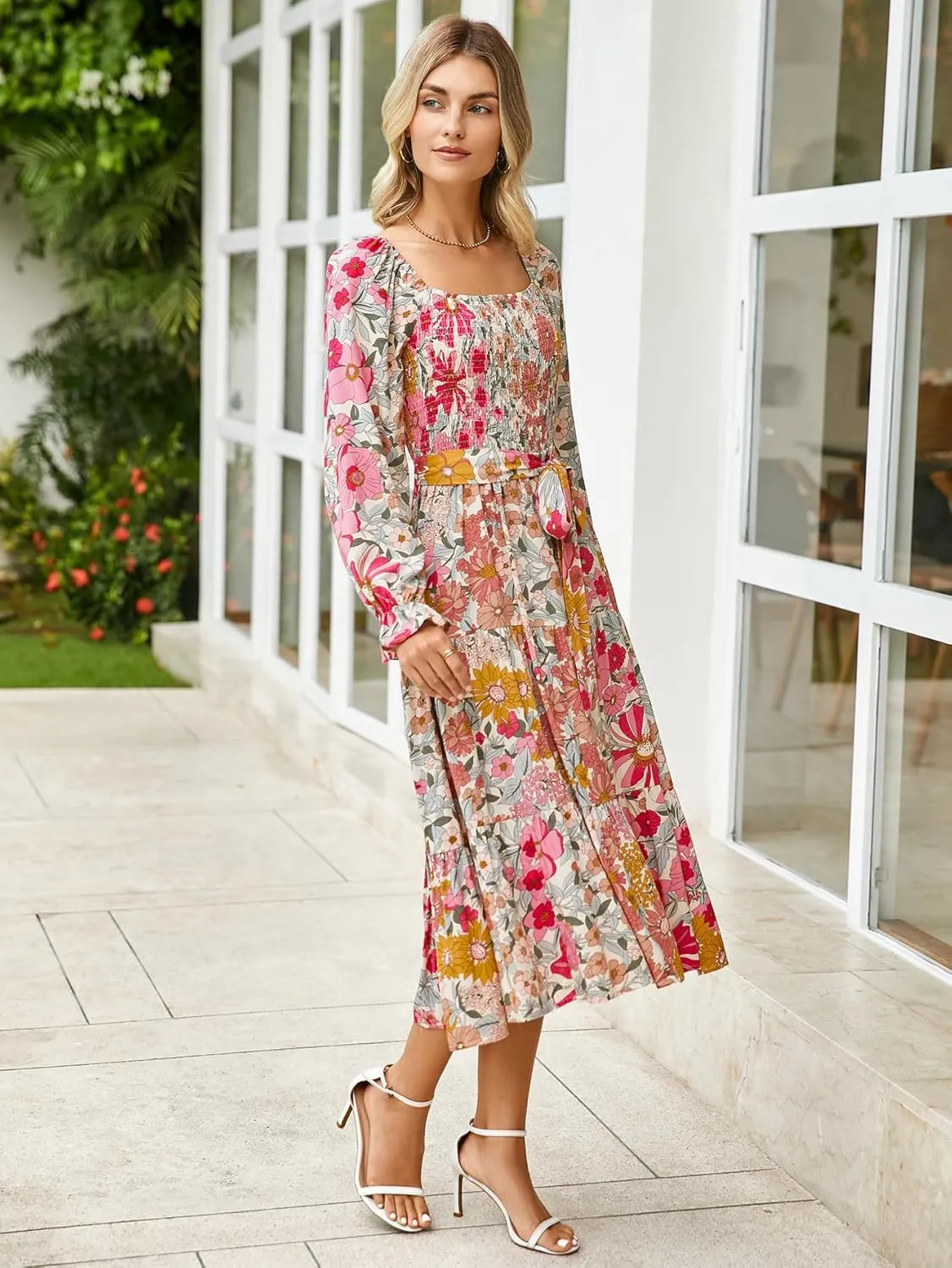 Simplee Womens Long Sleeve Maxi Floral Dress Casual Square Neck Long Flowy Boho Dresses