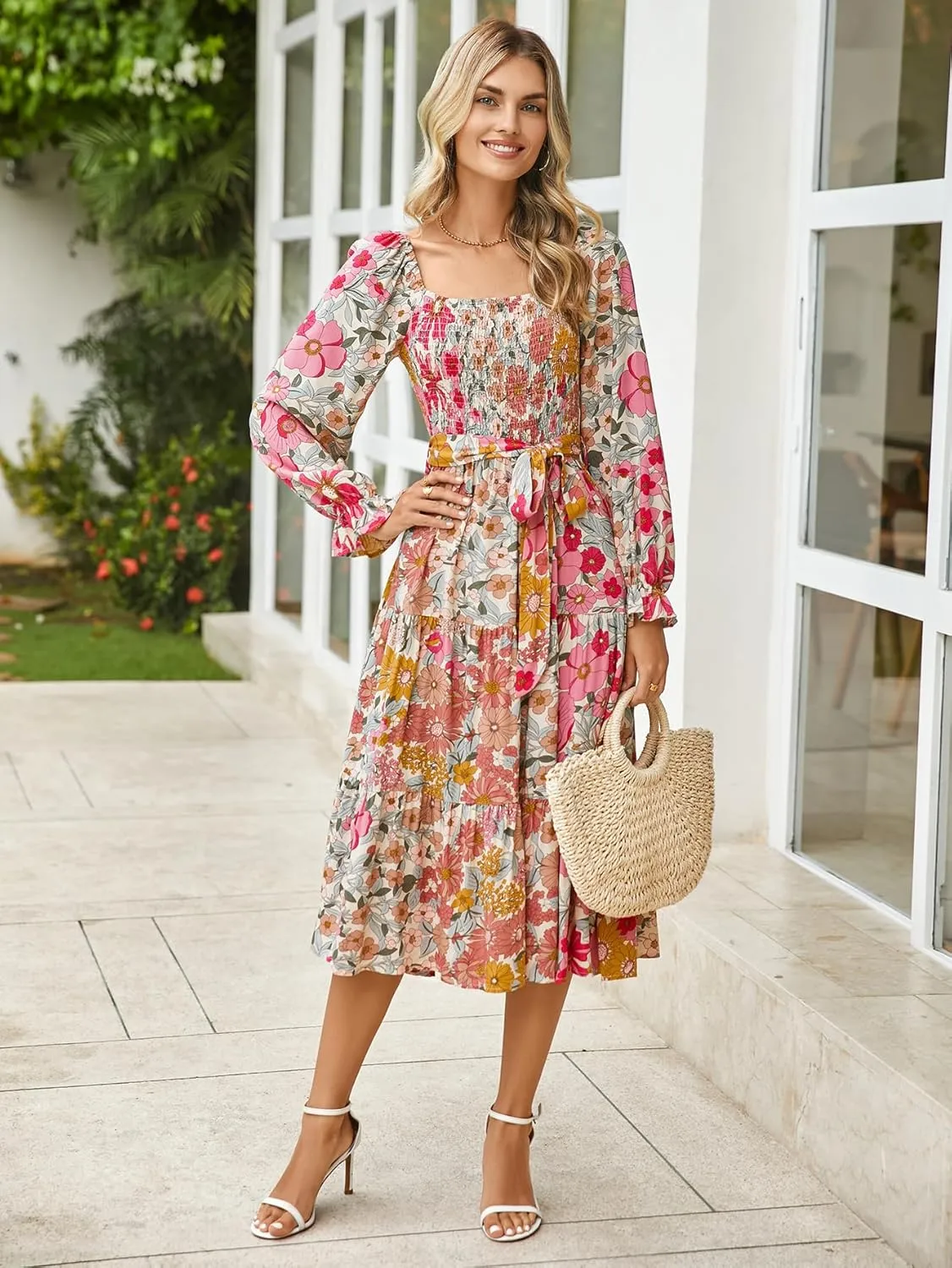 Simplee Womens Long Sleeve Maxi Floral Dress Casual Square Neck Long Flowy Boho Dresses