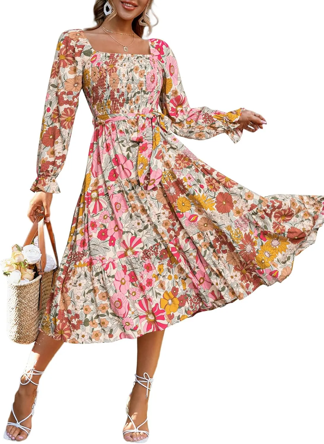 Simplee Womens Long Sleeve Maxi Floral Dress Casual Square Neck Long Flowy Boho Dresses