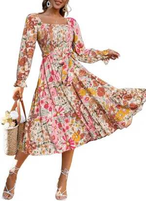 Simplee Womens Long Sleeve Maxi Floral Dress Casual Square Neck Long Flowy Boho Dresses