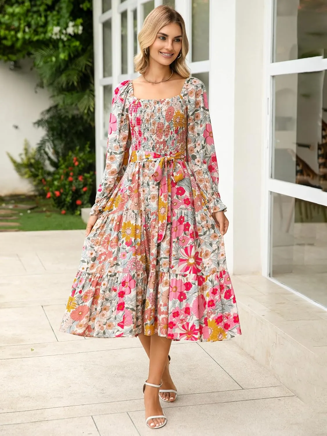Simplee Womens Long Sleeve Maxi Floral Dress Casual Square Neck Long Flowy Boho Dresses