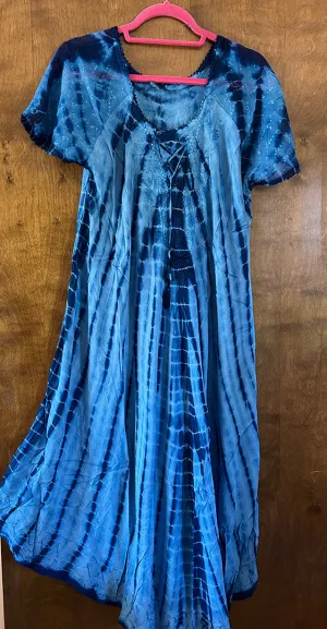 Sunheart Deep Blue Tie-Dye Batik Summer s/slv Dress Boho Hippie Chic Resort Wear Sml-4x 
