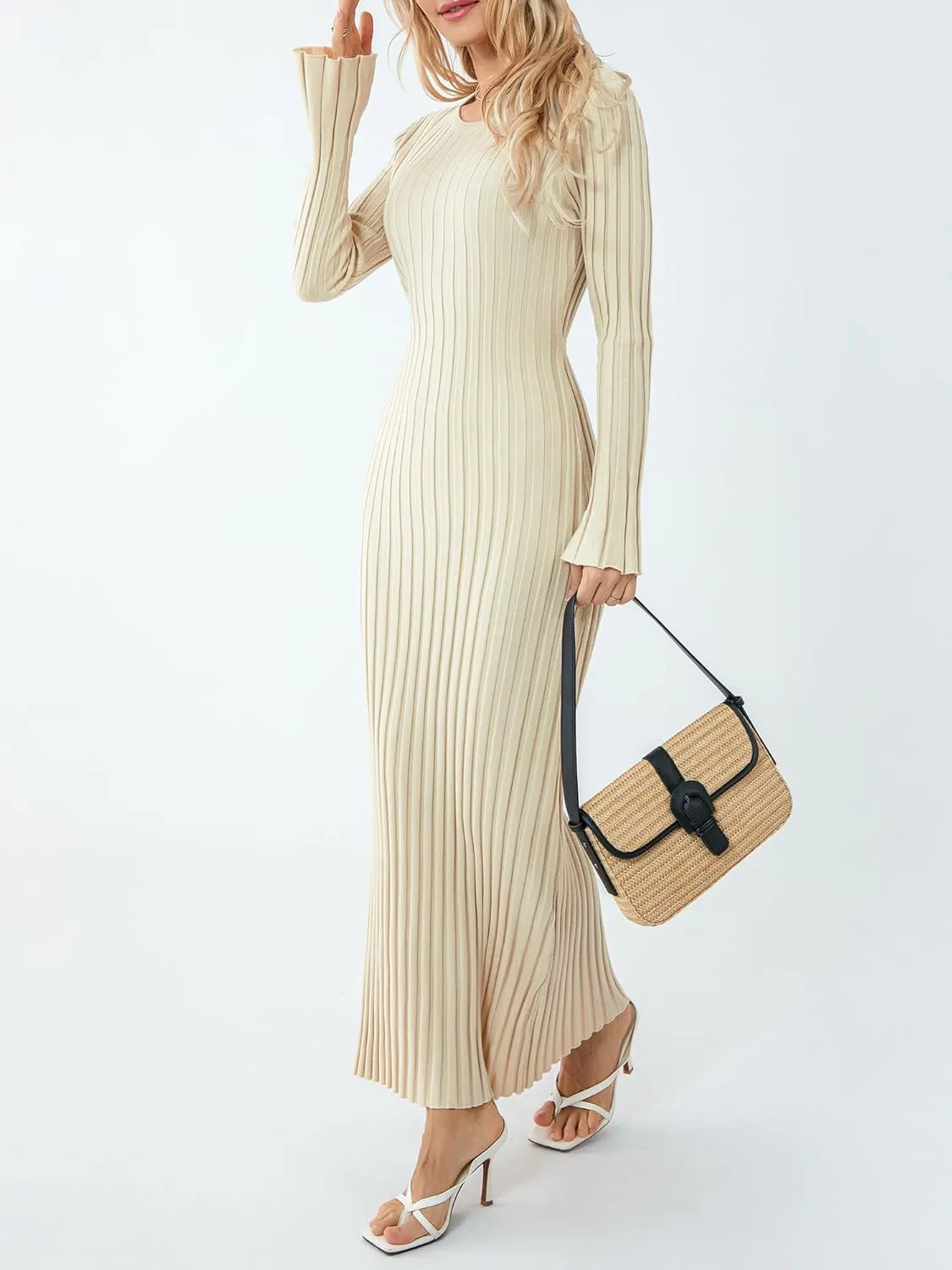 Sunloudy Women Crewneck Knit Maxi Dress Bell Long Sleeve Ruched Ribbed Bodycon Long Sweater Dress Streetwear