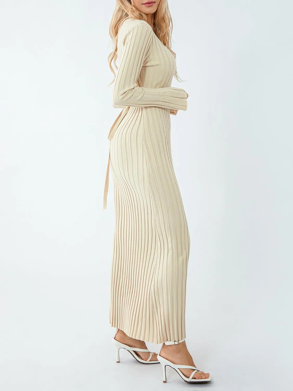 Sunloudy Women Crewneck Knit Maxi Dress Bell Long Sleeve Ruched Ribbed Bodycon Long Sweater Dress Streetwear