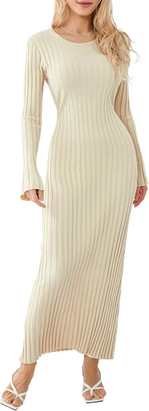 Sunloudy Women Crewneck Knit Maxi Dress Bell Long Sleeve Ruched Ribbed Bodycon Long Sweater Dress Streetwear