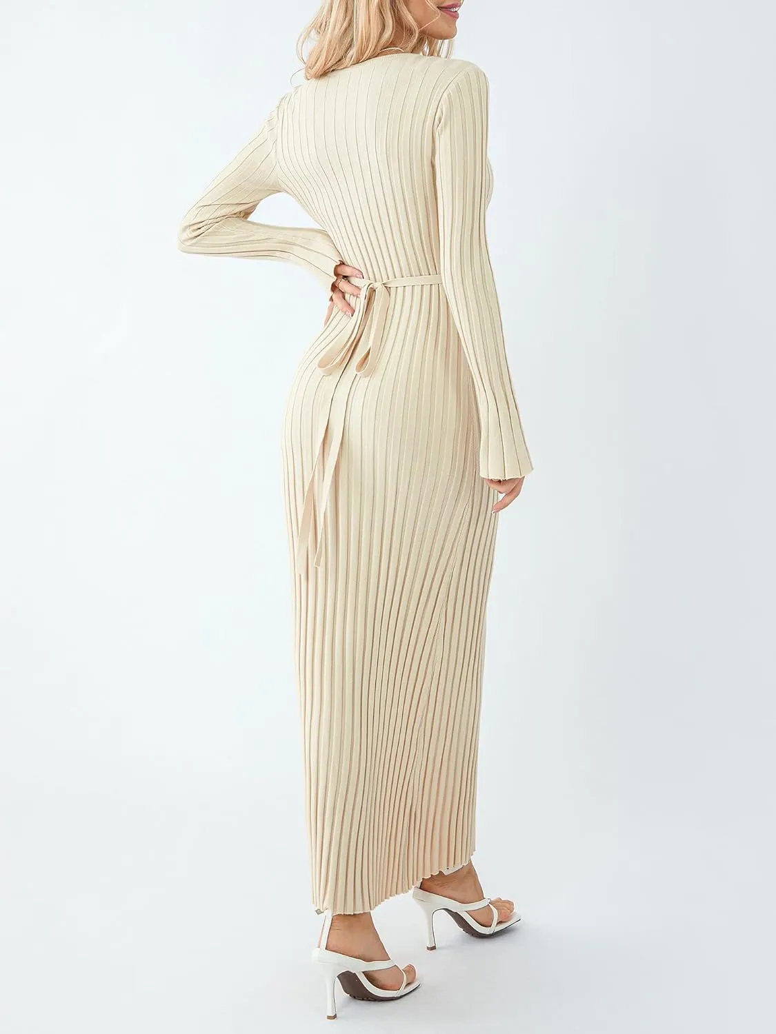 Sunloudy Women Crewneck Knit Maxi Dress Bell Long Sleeve Ruched Ribbed Bodycon Long Sweater Dress Streetwear