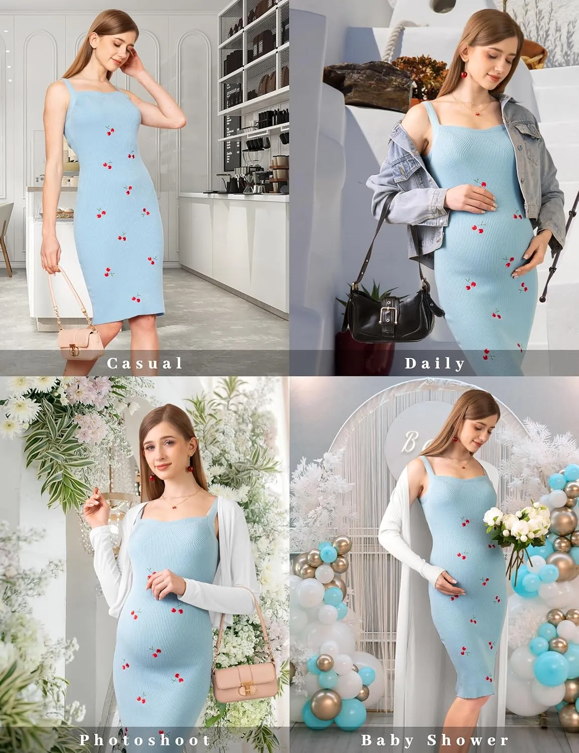 SUNNYBUY Women's 2025 Summer Cherry Embroidered Ribbed Knit Maternity Dress