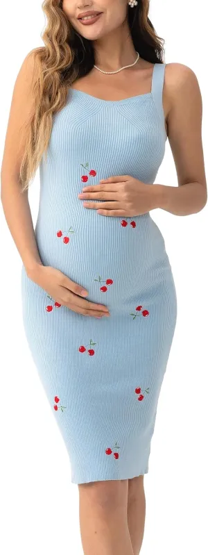 SUNNYBUY Women's 2025 Summer Cherry Embroidered Ribbed Knit Maternity Dress