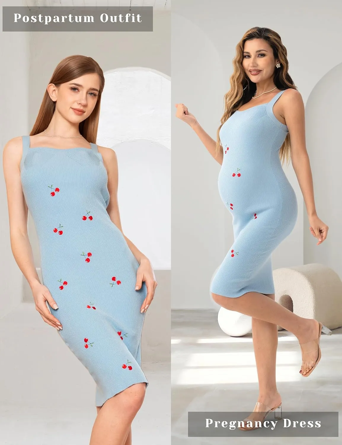 SUNNYBUY Women's 2025 Summer Cherry Embroidered Ribbed Knit Maternity Dress