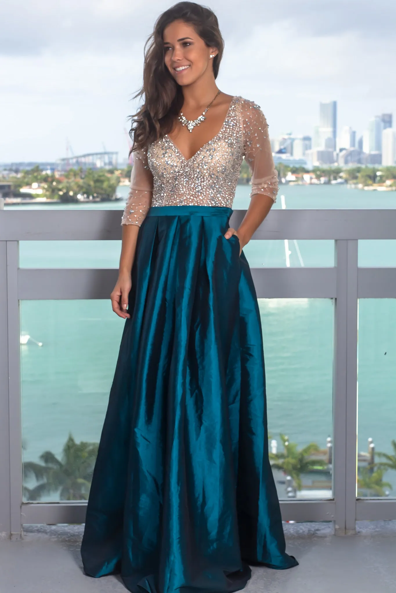 Teal Jeweled Top Maxi Dress with Pockets