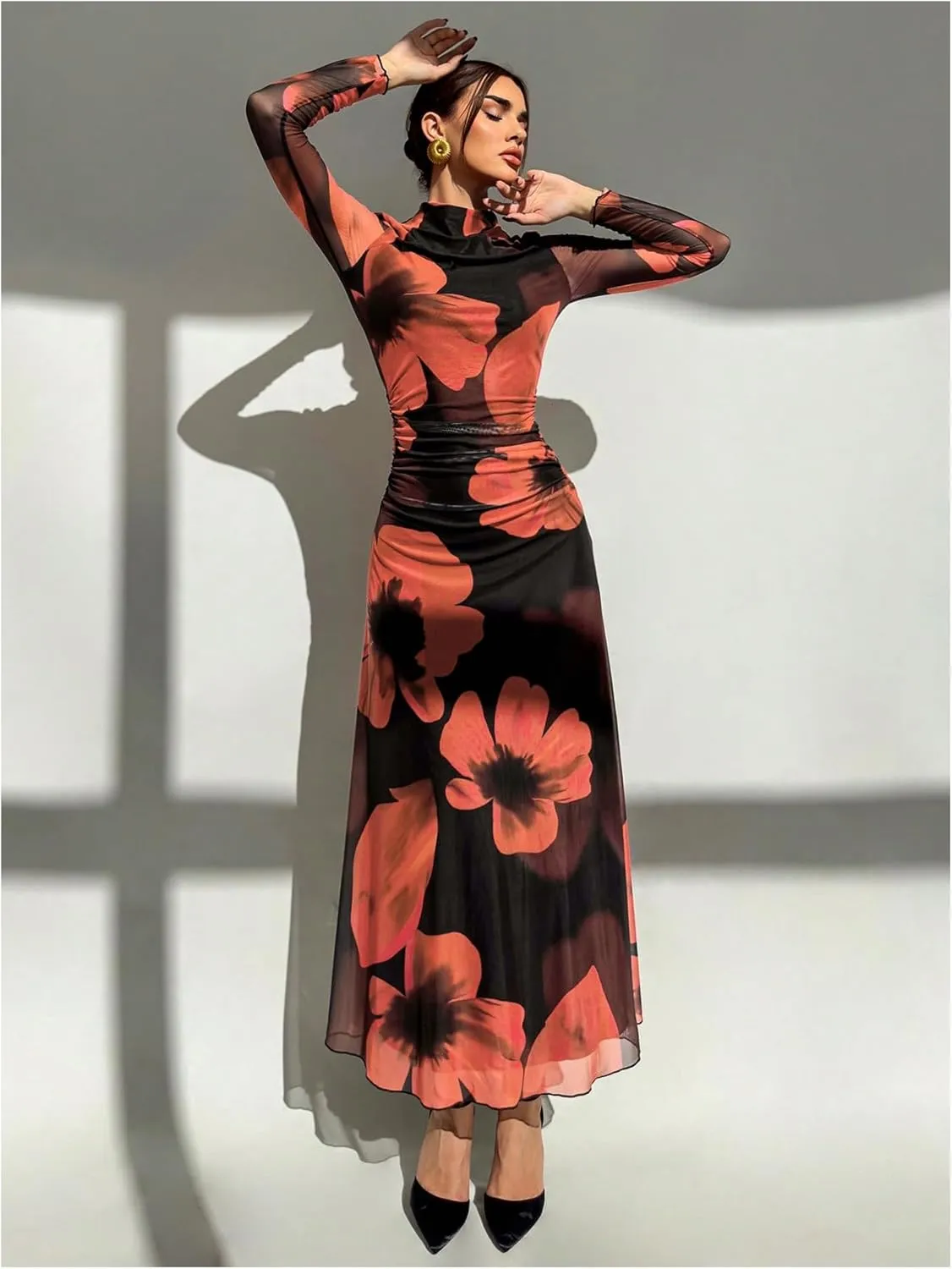 Verdusa Women's Floral Wedding Guest Dress Mesh Bodycon Long Sleeve Date Night Long Dresses