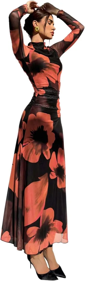 Verdusa Women's Floral Wedding Guest Dress Mesh Bodycon Long Sleeve Date Night Long Dresses