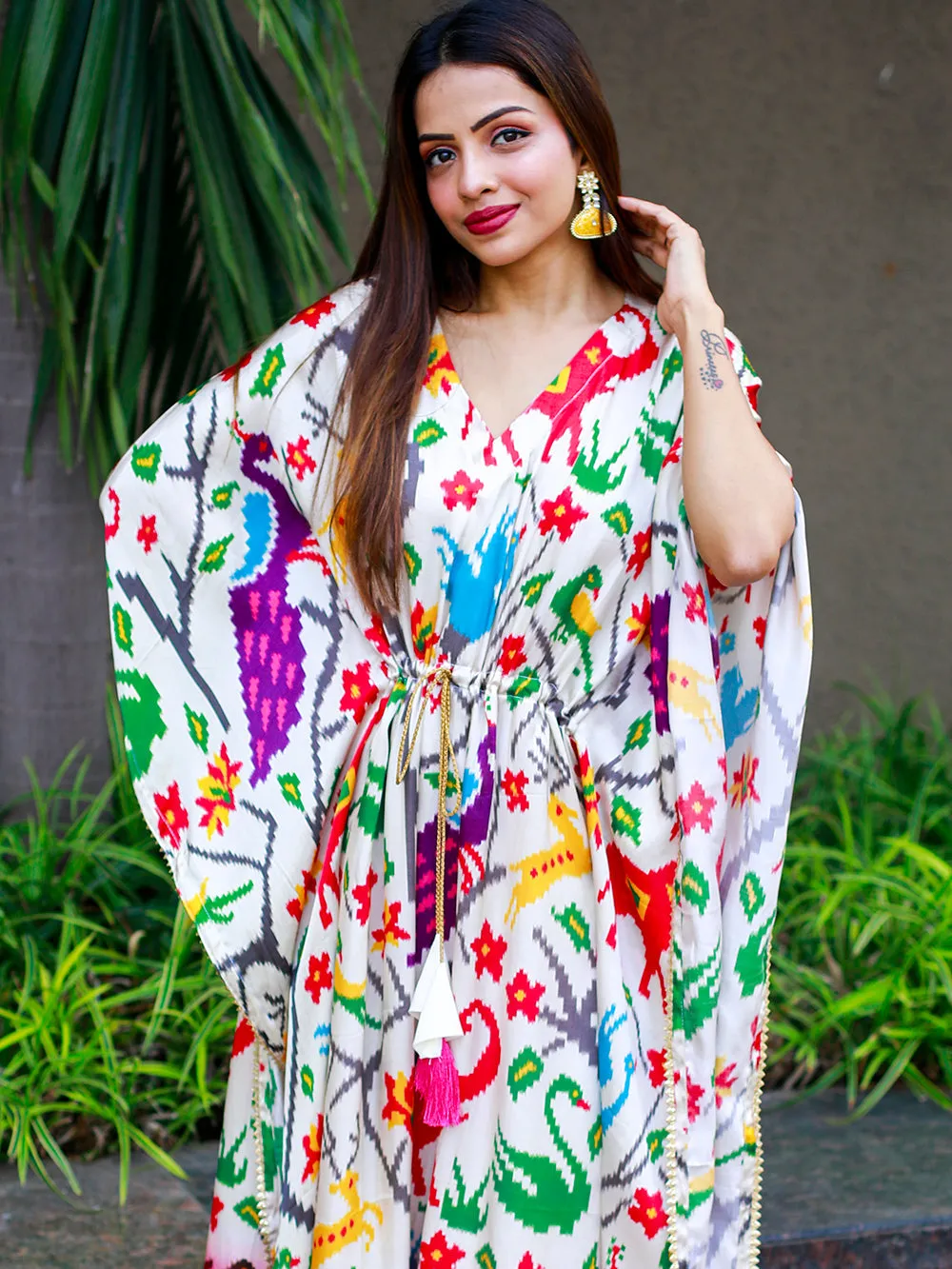 White Color Digital Bandhej Print Pure Gaji Silk Kaftan