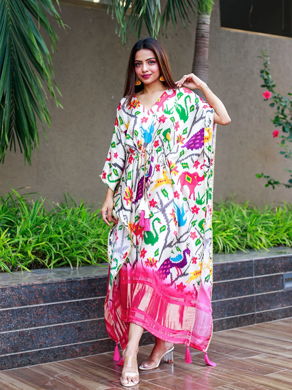 White Color Digital Bandhej Print Pure Gaji Silk Kaftan