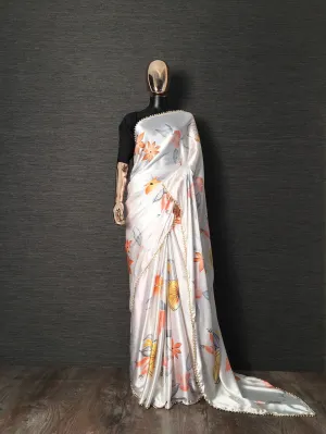 White Color Floral Printed Japan Satin Silk Saree With Pearl Lace Border
