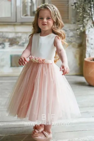 White Satin Pearl Pink Tulle Tea Length Custom Flower Girl Dress