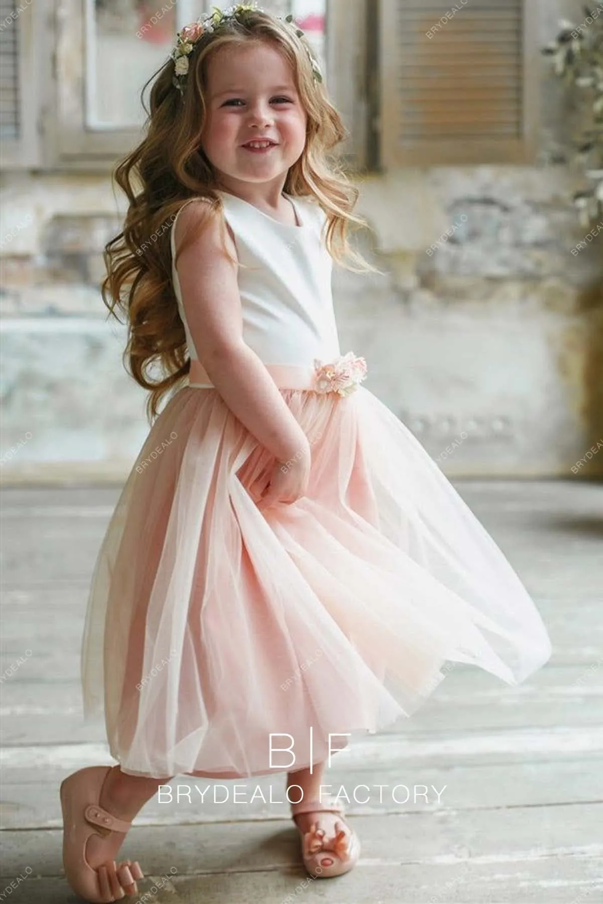 White Satin Pearl Pink Tulle Tea Length Custom Flower Girl Dress