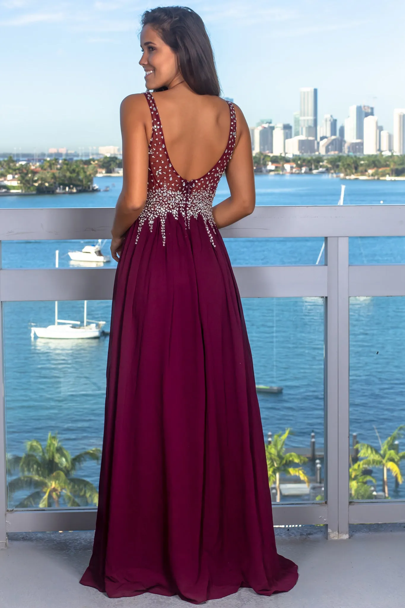 Wine Jeweled Top Maxi Dress with Side Slit