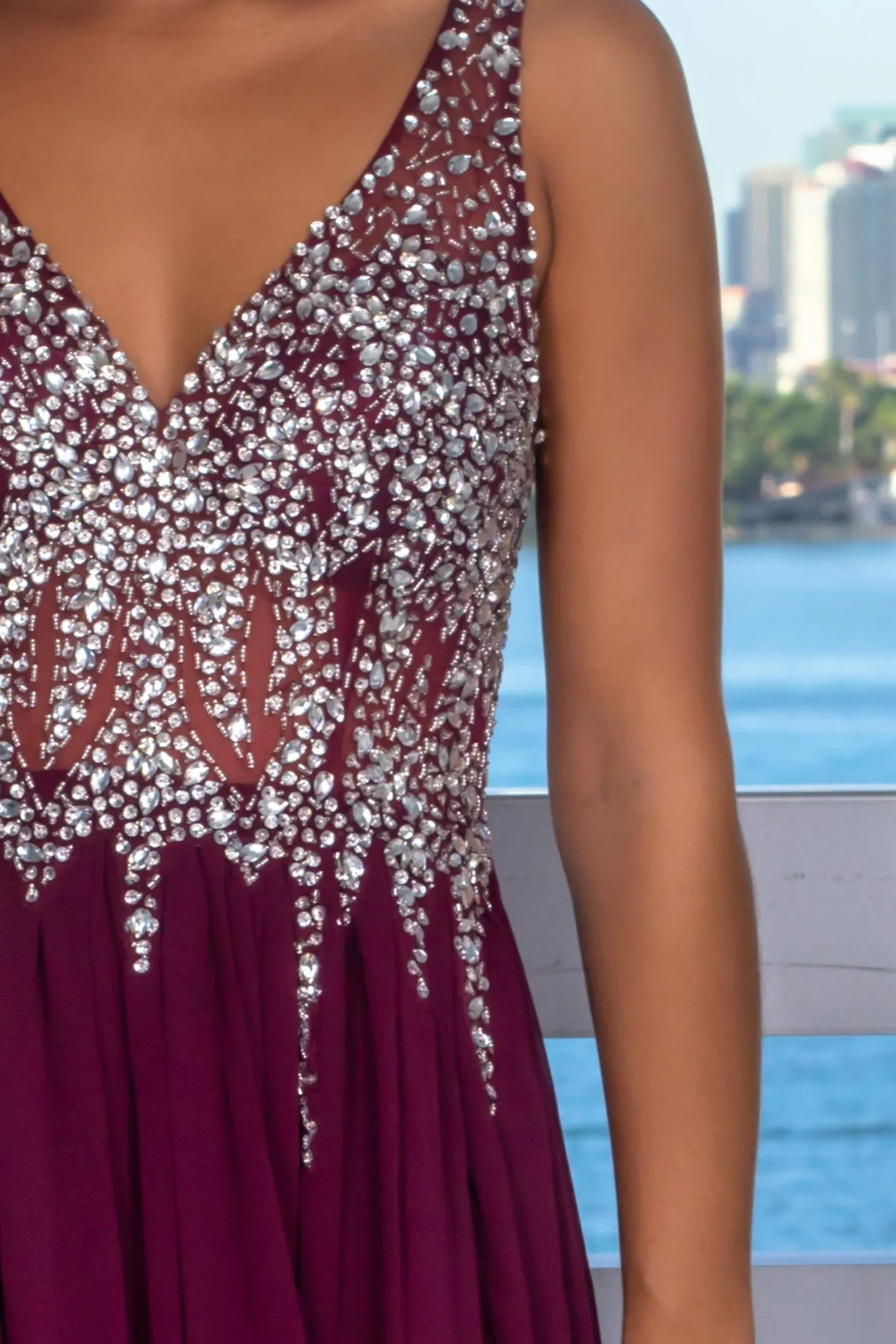 Wine Jeweled Top Maxi Dress with Side Slit