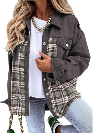Women Jean Jacket Denim Plaid Shackets Button Down Shirt Jackets Oversized Pocketed Coat 2024 Fall Fashion Outfits