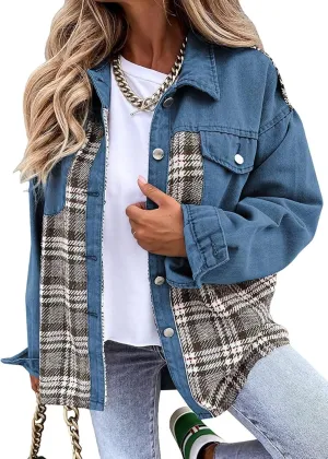 Women Jean Jacket Denim Plaid Shackets Button Down Shirt Jackets Oversized Pocketed Coat 2024 Fall Fashion Outfits