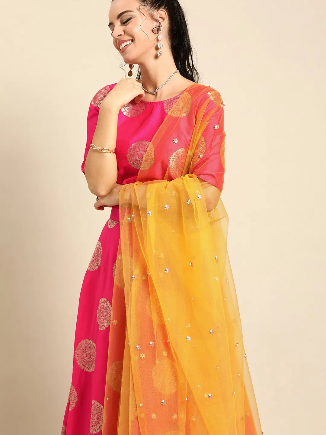 Women Pink Broked Jaqard Lehenga Choli With Dupatta