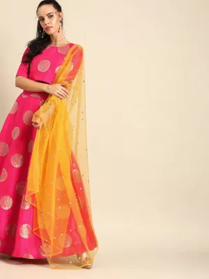 Women Pink Broked Jaqard Lehenga Choli With Dupatta