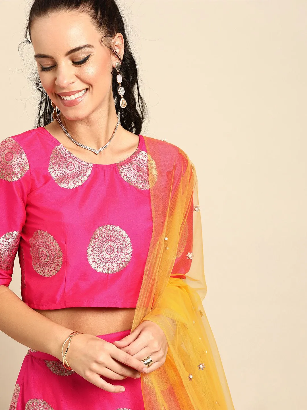 Women Pink Broked Jaqard Lehenga Choli With Dupatta
