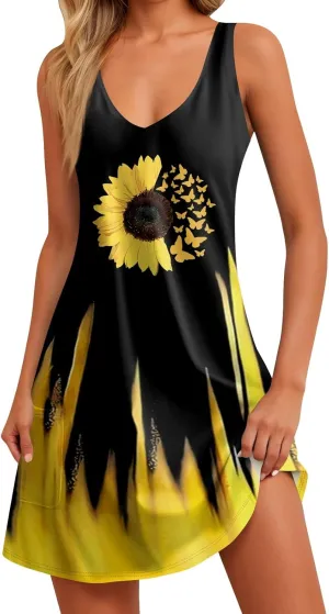 Women Summer Dresses Printed Casual Sundress Vacation Sleeveless Swimsuit Coverup 2025 V Neck Dress with Pocket