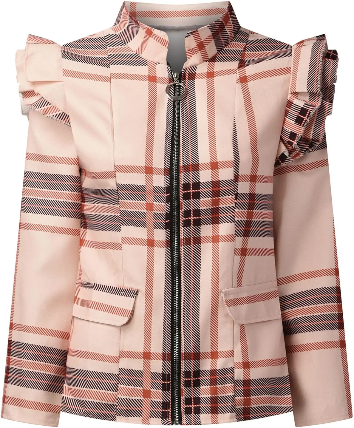 Womens Casual Blazers Fashion Print Ruffle Long Sleeve Open Front Work Office Blazer Bussiness Jackets with Pockets