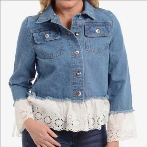 Women's Denim Button Down White Ruffle Trim Jean Jacket