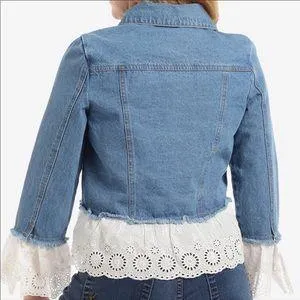 Women's Denim Button Down White Ruffle Trim Jean Jacket
