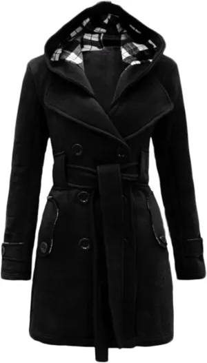 Women's Double Breasted Pea Coat Hooded Long Winter Trench Coat Belted Sexy Fashion Coat