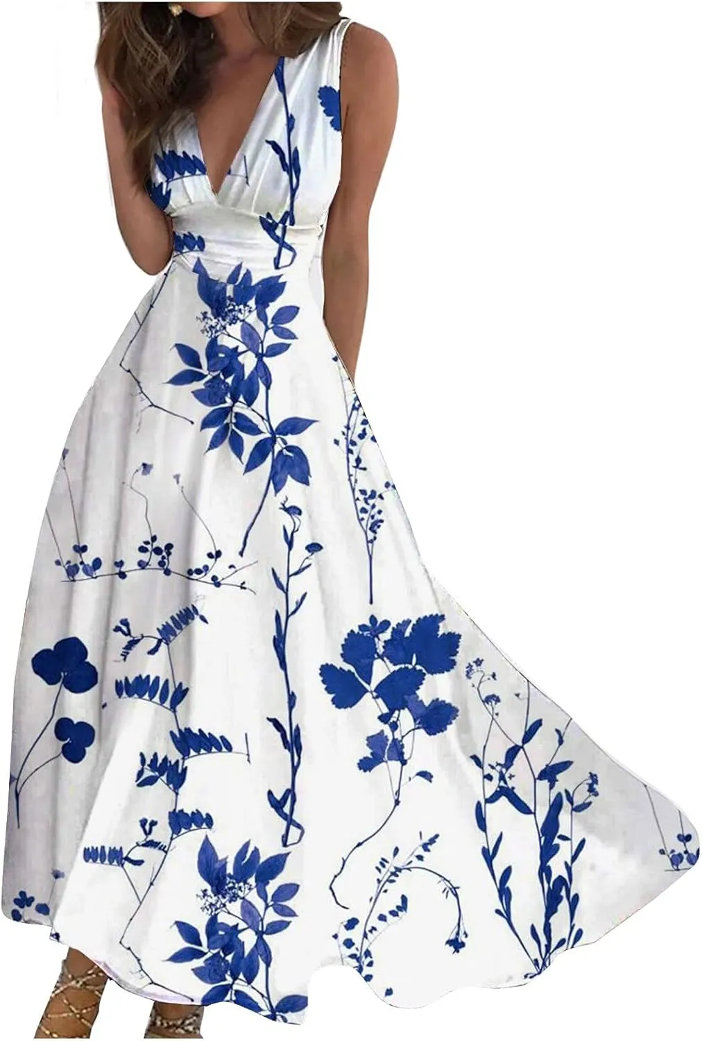 Womens Dresses Floral Print Wrap V Neck Sundresses Flowy Ruched Sleeveless Boho Dress Spring Beach Dress