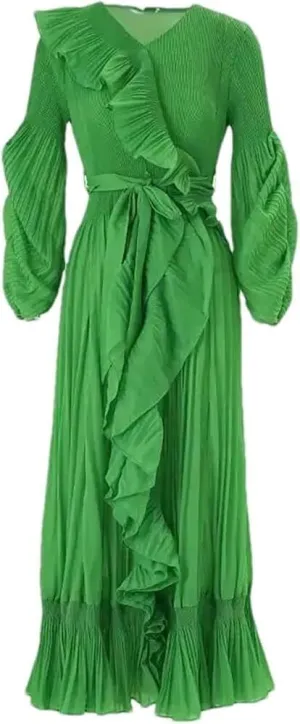 Women's Evening Solid V Neck Irregular Pleated Ruffles Gathered Waist Belted Long Dress