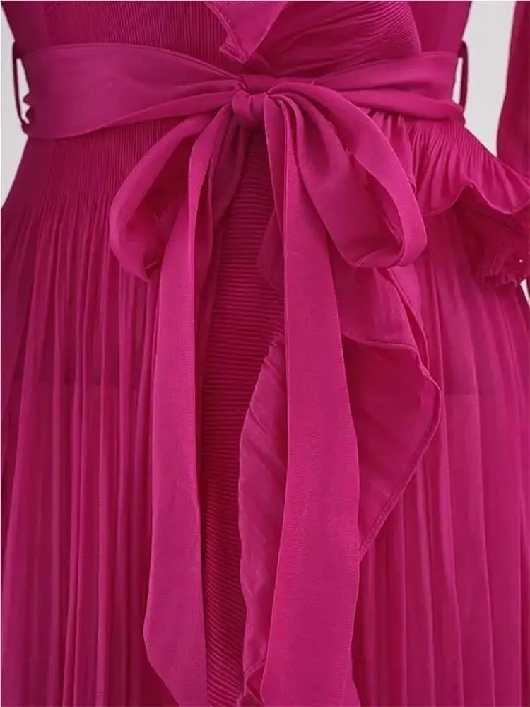 Women's Evening Solid V Neck Irregular Pleated Ruffles Gathered Waist Belted Long Dress