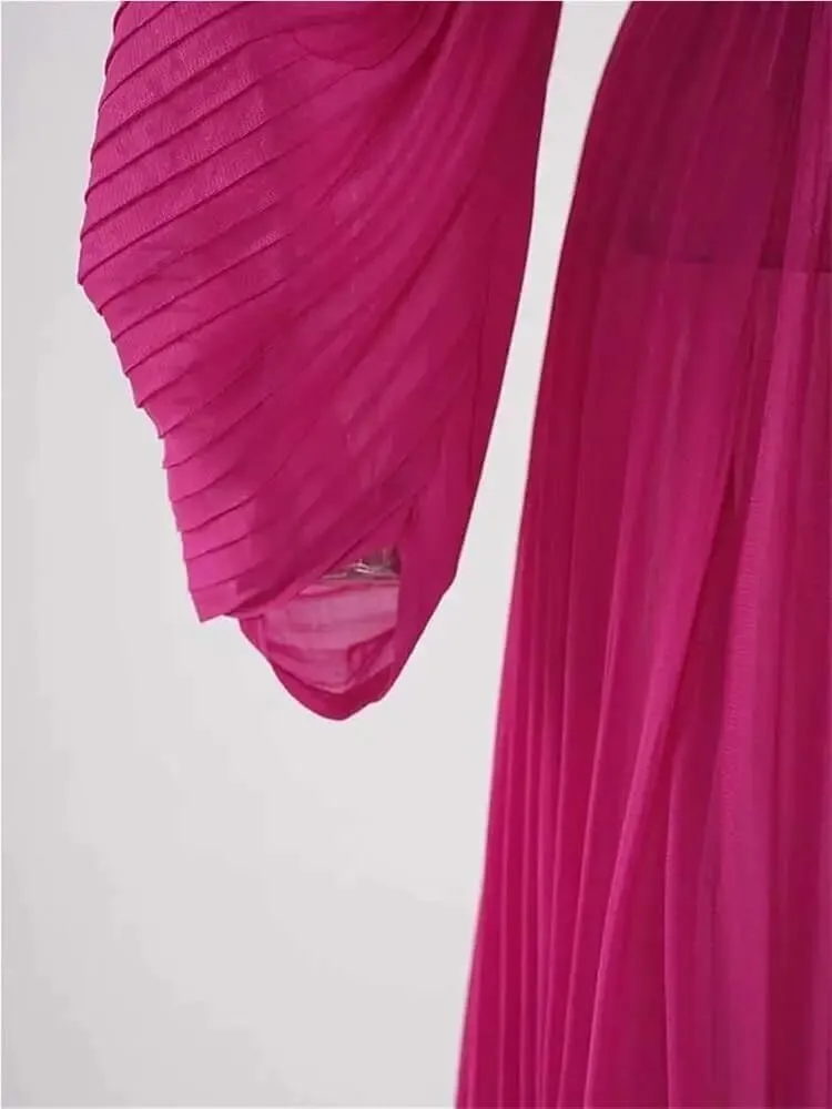 Women's Evening Solid V Neck Irregular Pleated Ruffles Gathered Waist Belted Long Dress