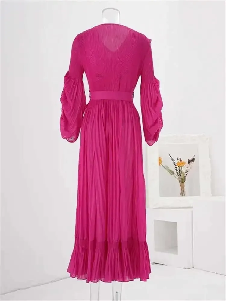 Women's Evening Solid V Neck Irregular Pleated Ruffles Gathered Waist Belted Long Dress