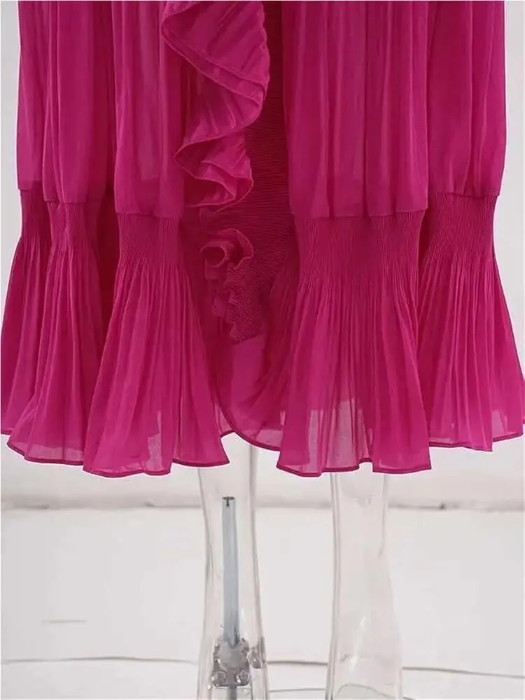 Women's Evening Solid V Neck Irregular Pleated Ruffles Gathered Waist Belted Long Dress