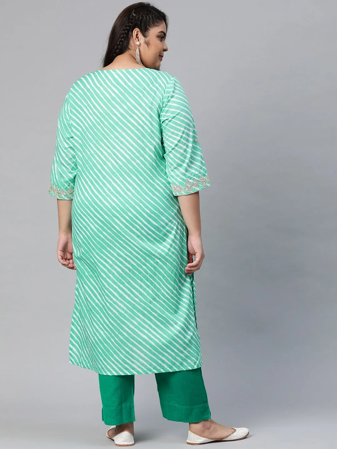 Women'S Green Leheriya Cotton Gota Patti  Straight Kurta