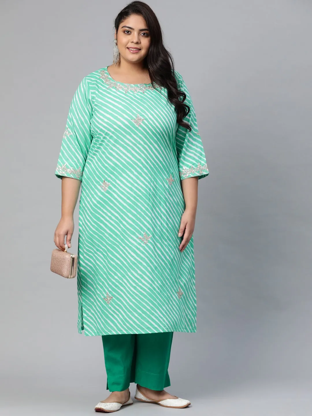 Women'S Green Leheriya Cotton Gota Patti  Straight Kurta
