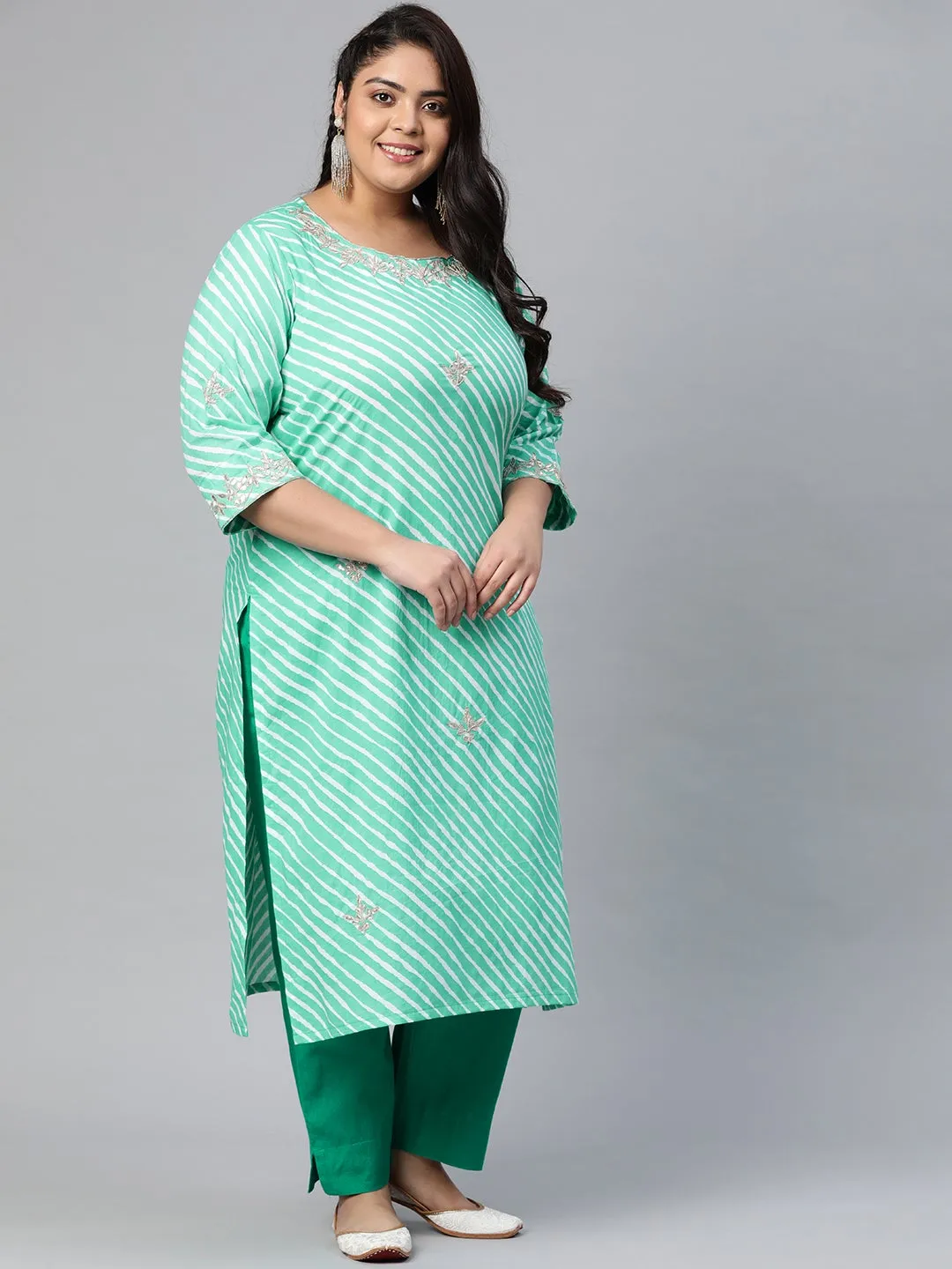Women'S Green Leheriya Cotton Gota Patti  Straight Kurta