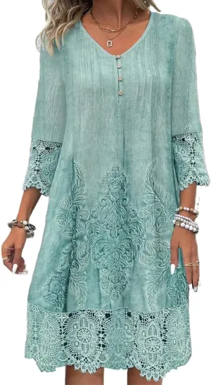Womens Lace Dress 2025 Elegant Boho Floral Embroidery Midi Dresses Flowy Beach Vacation Wedding Guest Dressy