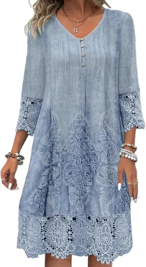 Womens Lace Dress 2025 Elegant Boho Floral Embroidery Midi Dresses Flowy Beach Vacation Wedding Guest Dressy